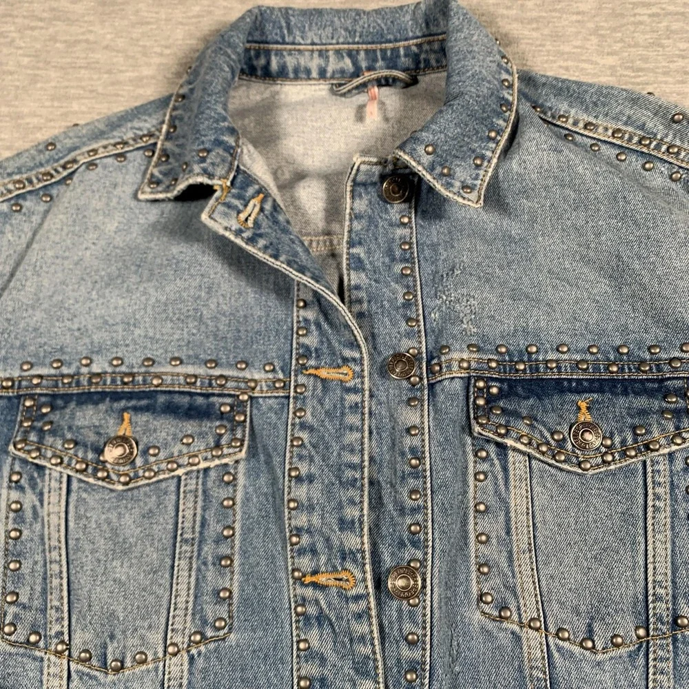 Free People Jacket Womens Small Blue Denim Studded‎ Distressed Jean Western Boho - Picture 5 of 13